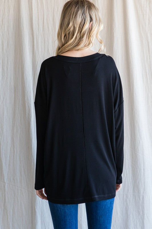 Solid Ribbed V-Neck Top - Olive