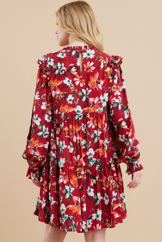 Floral Print Ruffled Cap Shoulder Dress