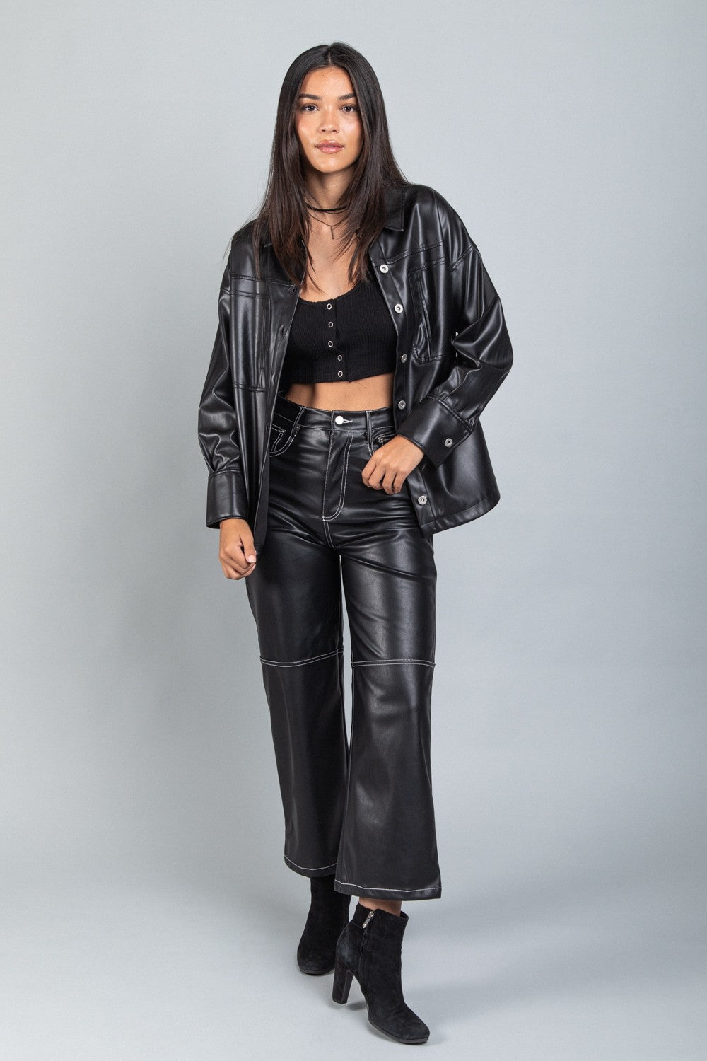 Black Faux Leather Oversized Casual Shacket