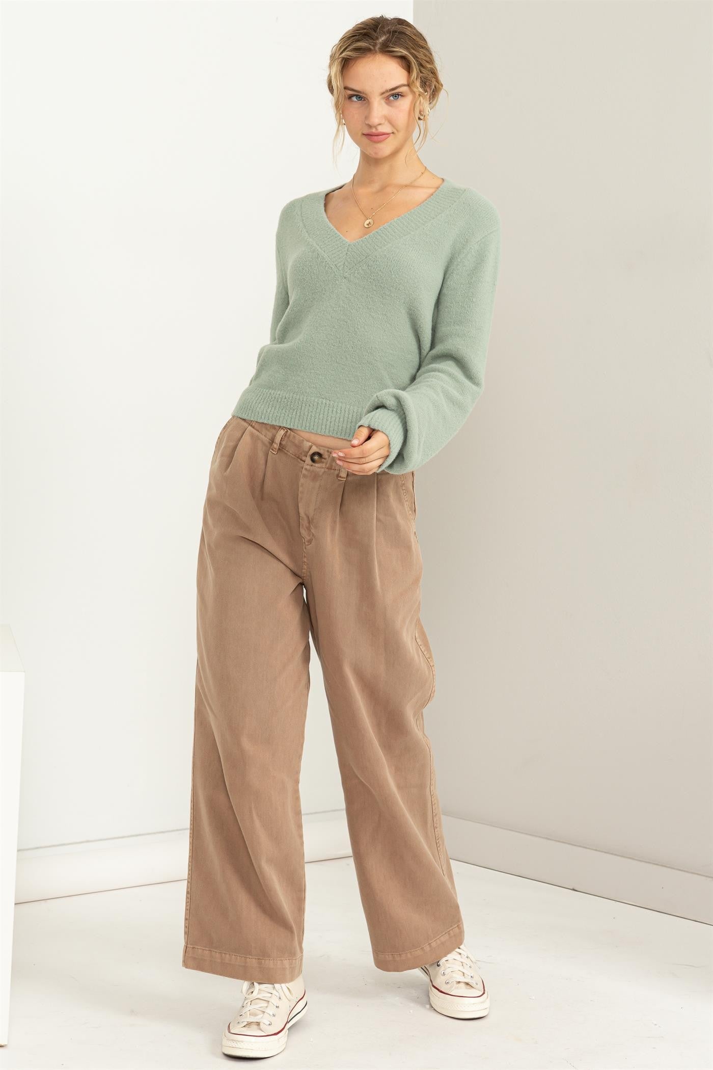 V-neck Fuzzy Cropped Sweater