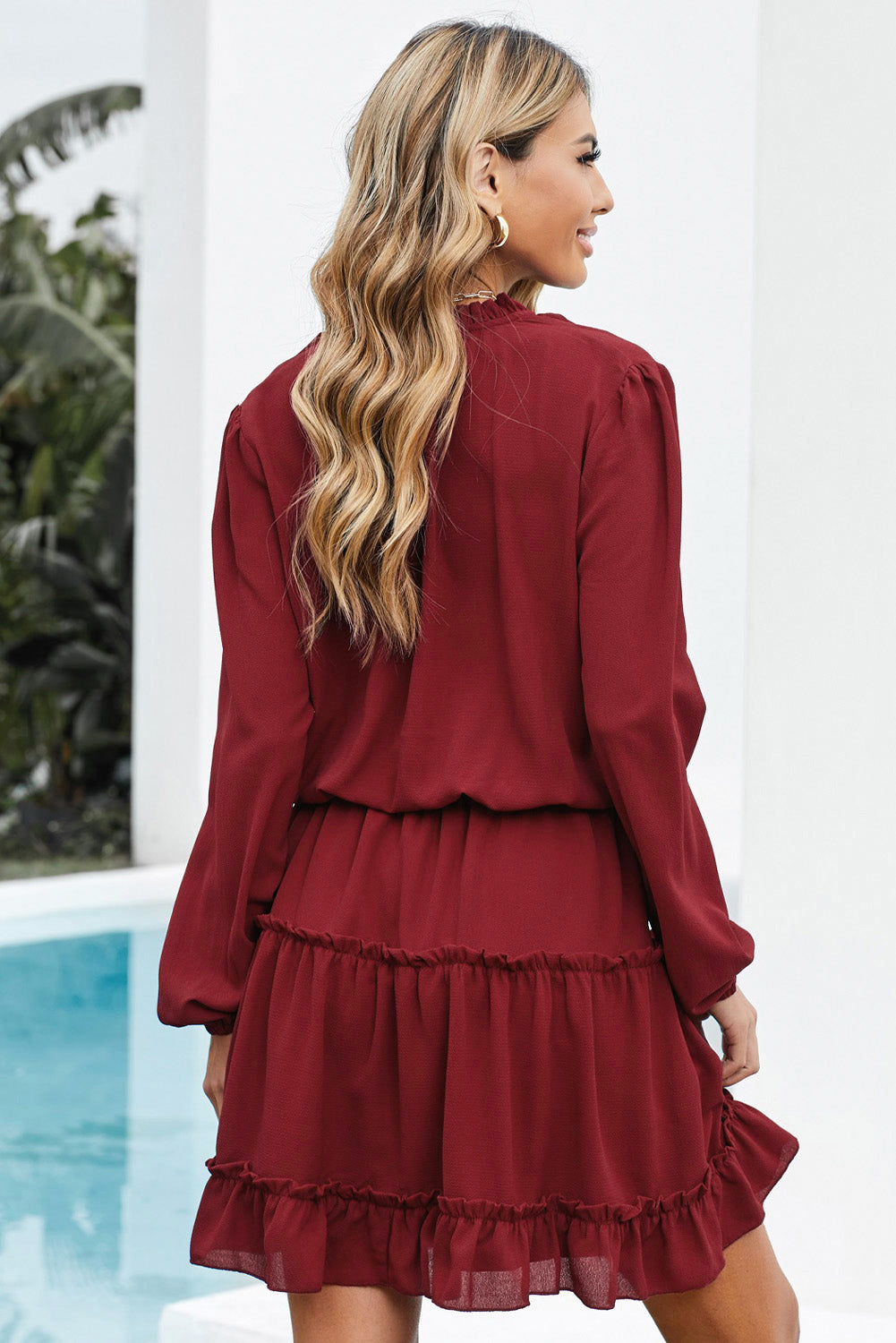 V Neck Long Sleeve Ruffle Tiered Dress