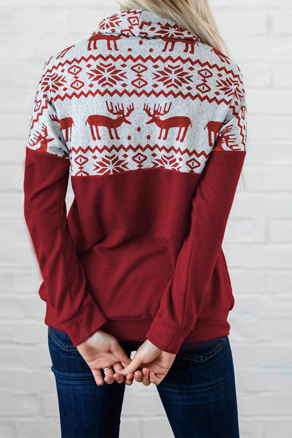 Christmas Elk Print Cowl Neck Knit Top