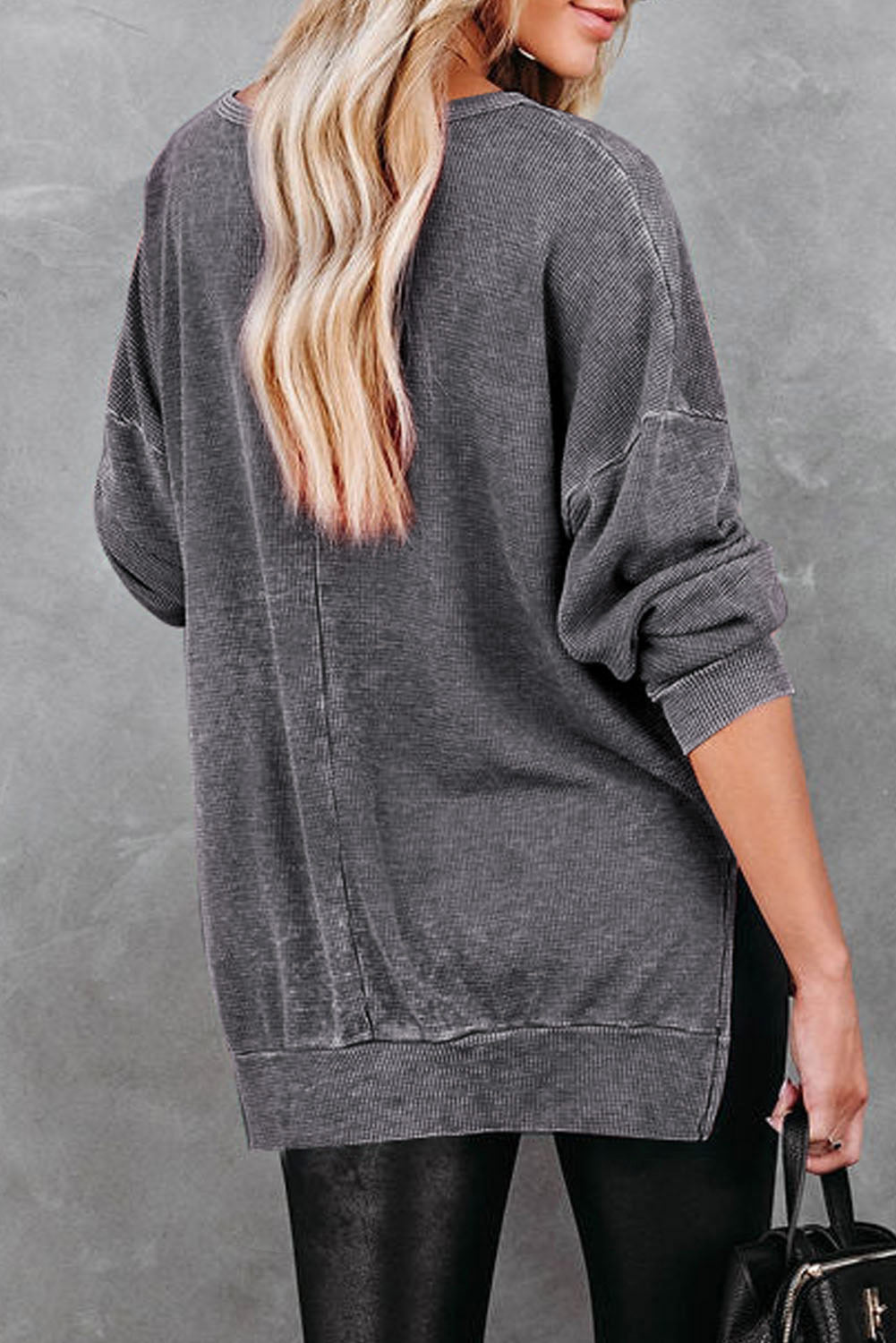 Waffle Knit Side Slit Pullover