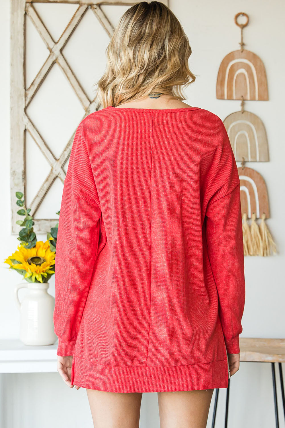 Waffle Knit Side Slit Pullover