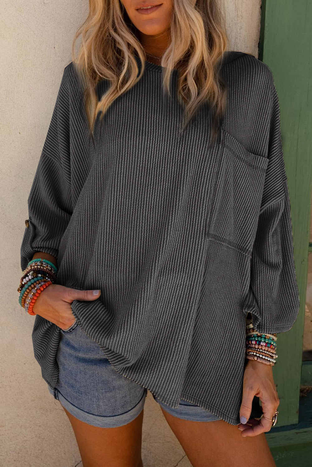 Dark Gray Ribbed Oversize Top