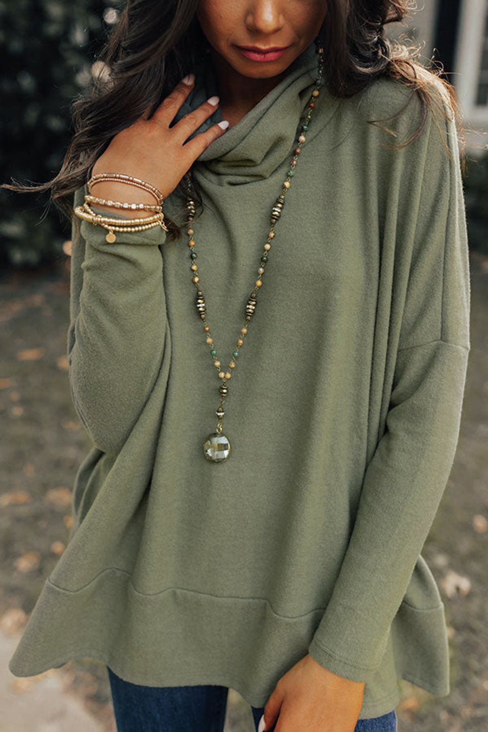 Cowl Neck Shift Tunic Top - Green