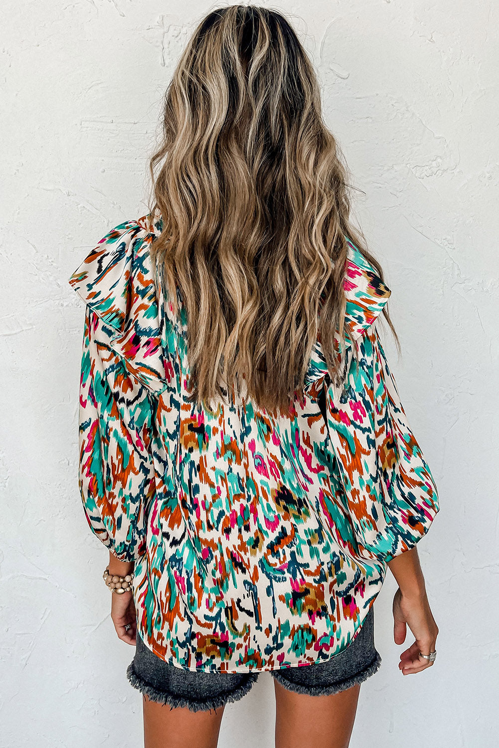 Abstract Print 3/4 Sleeve Ruffle Blouse