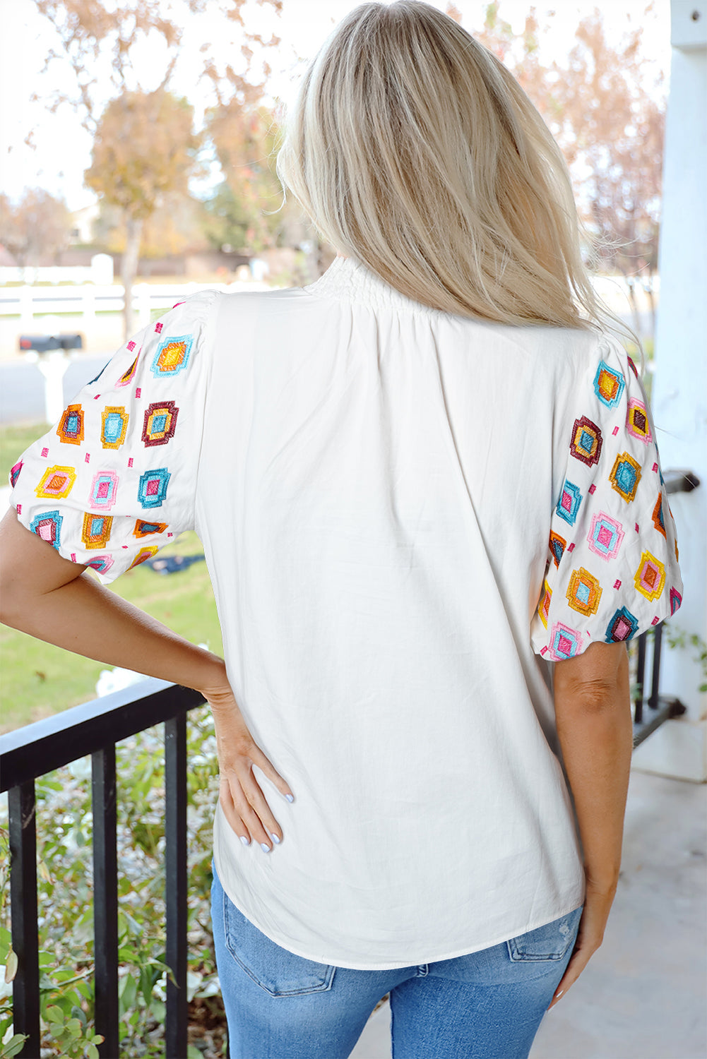 Embroidered Smocked Neck Top
