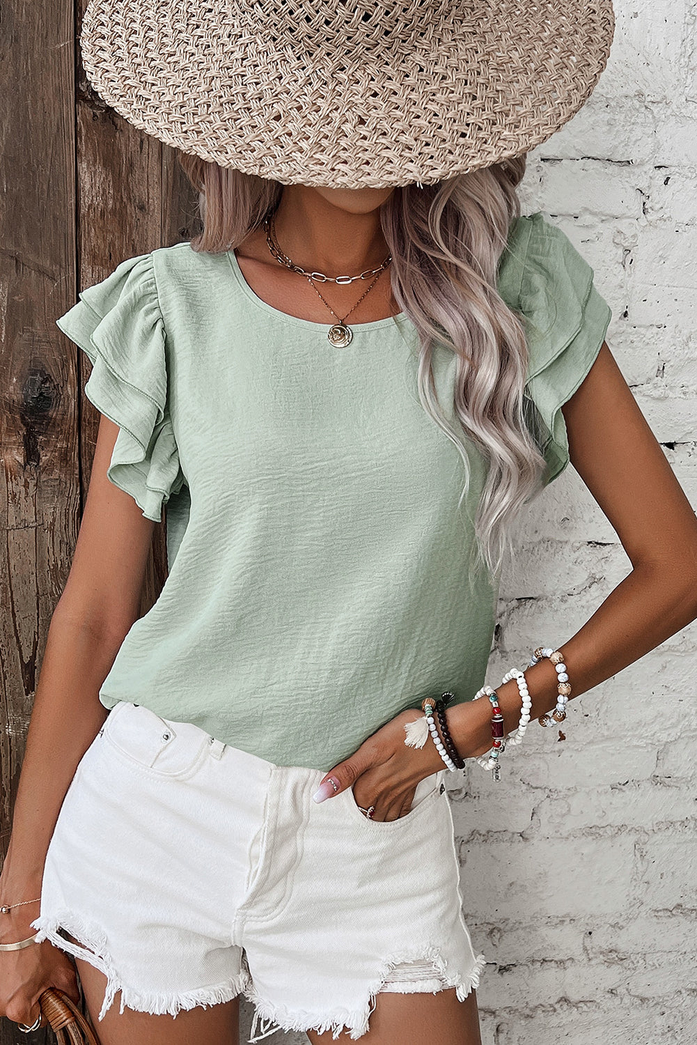 Sage Ruffled Sleeve Top