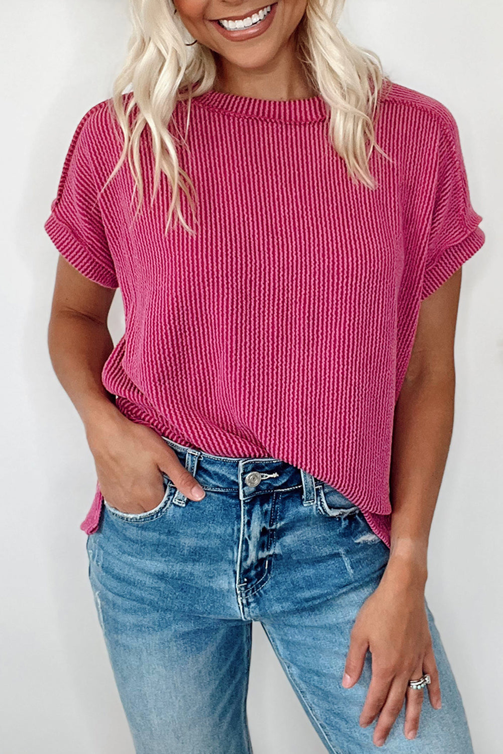 Pink Textured Knit Exposed Stitching T-shirt