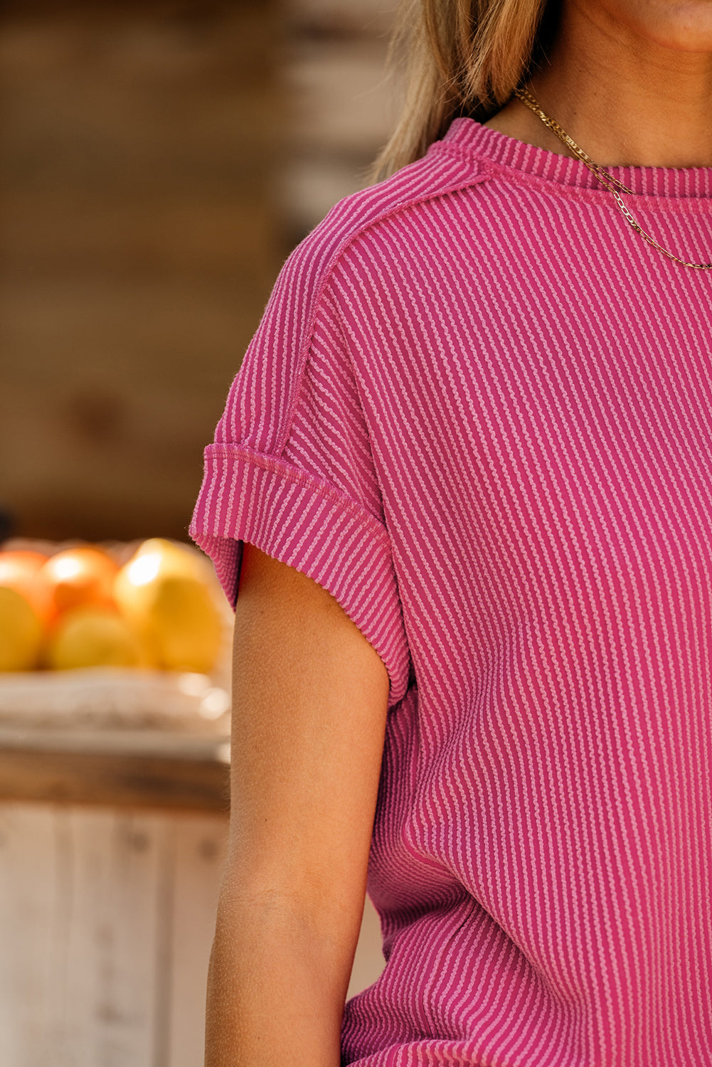 Pink Textured Knit Exposed Stitching T-shirt
