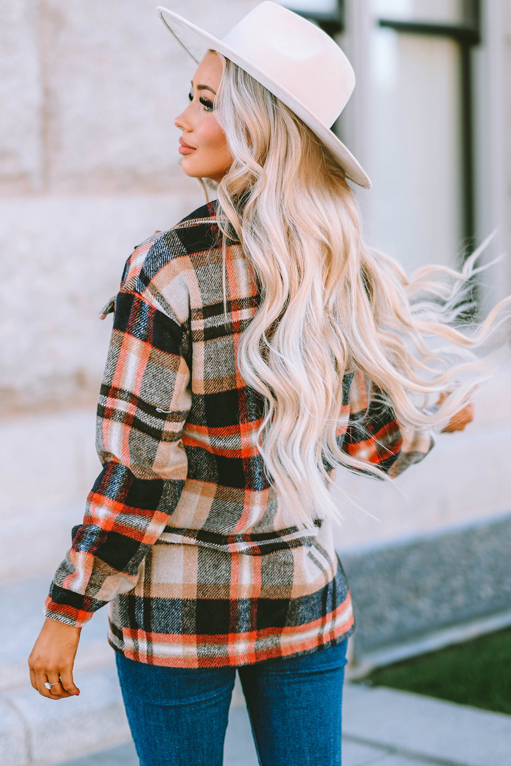 Plaid Print Pocketed Shaket - Khaki