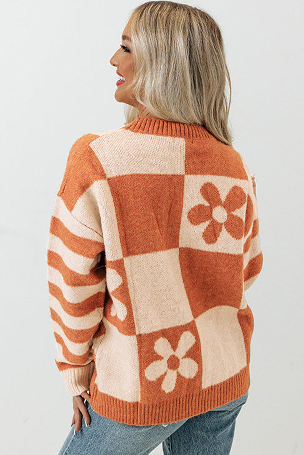 Checkered Floral & Striped Sweater