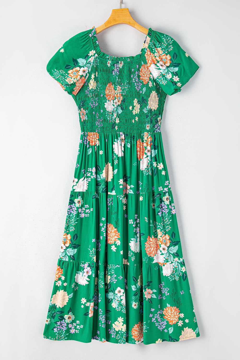 Bubble Sleeve Smocked Tiered Midi Dress