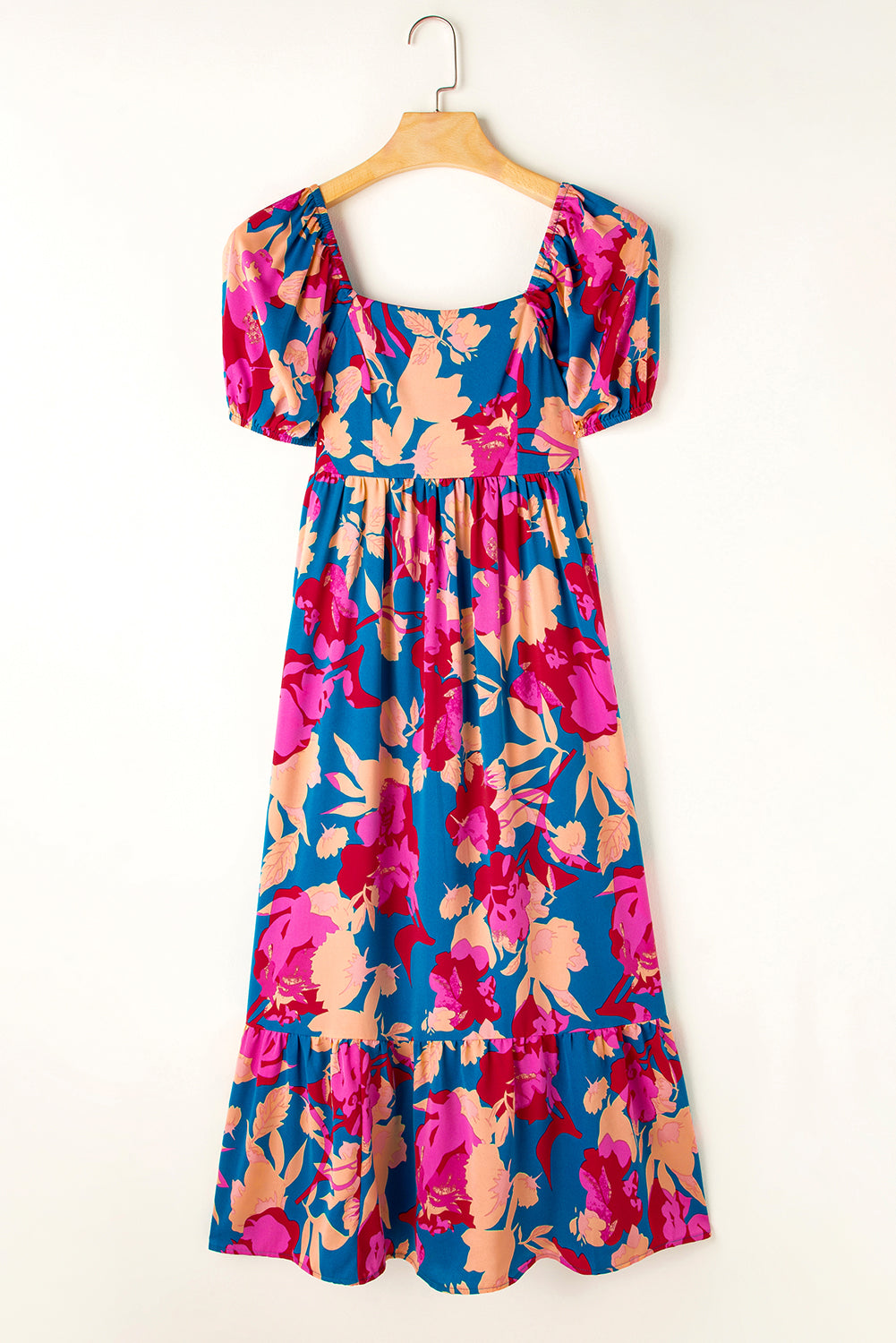 Square Neck Bubble Sleeve Ruffled Floral Dress