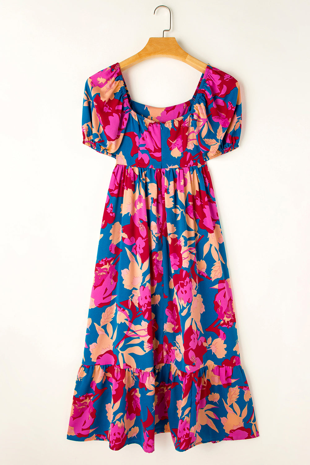Square Neck Bubble Sleeve Ruffled Floral Dress