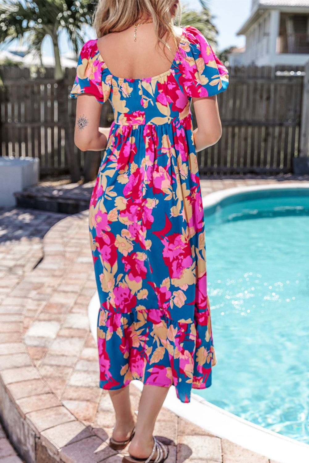 Square Neck Bubble Sleeve Ruffled Floral Dress