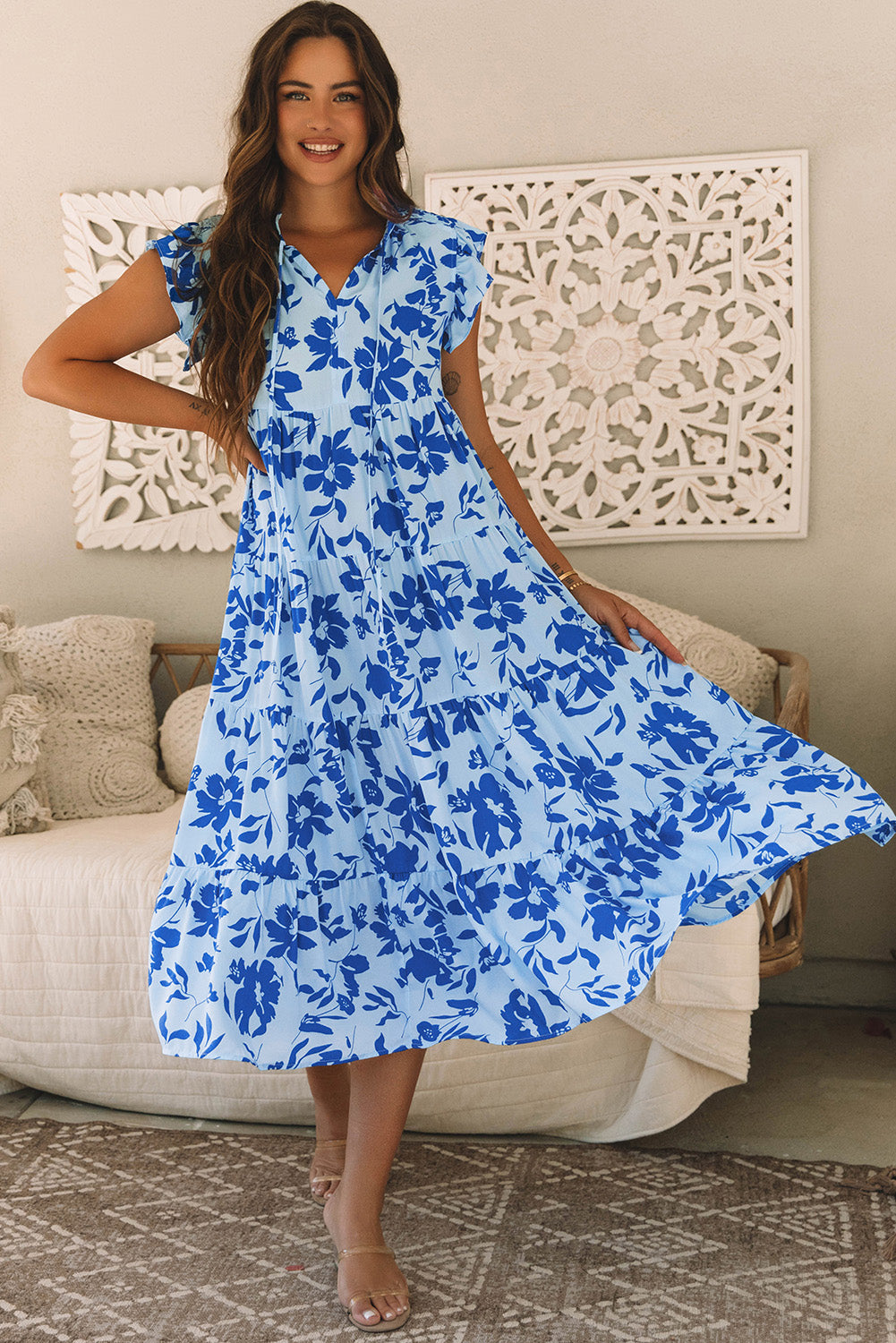 Floral Flutter Sleeve A-Line Maxi Dress