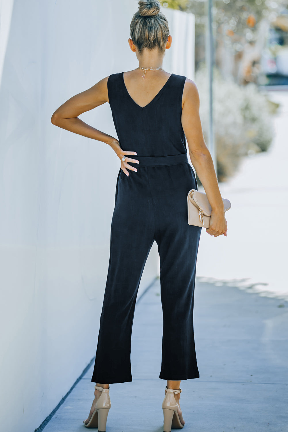 V Neck Button Belted Jumpsuit with Pockets
