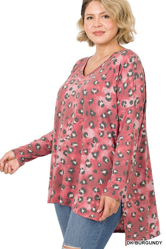 PLUS LEOPARD DOLMAN LONG SLEEVE V-NECK TOP