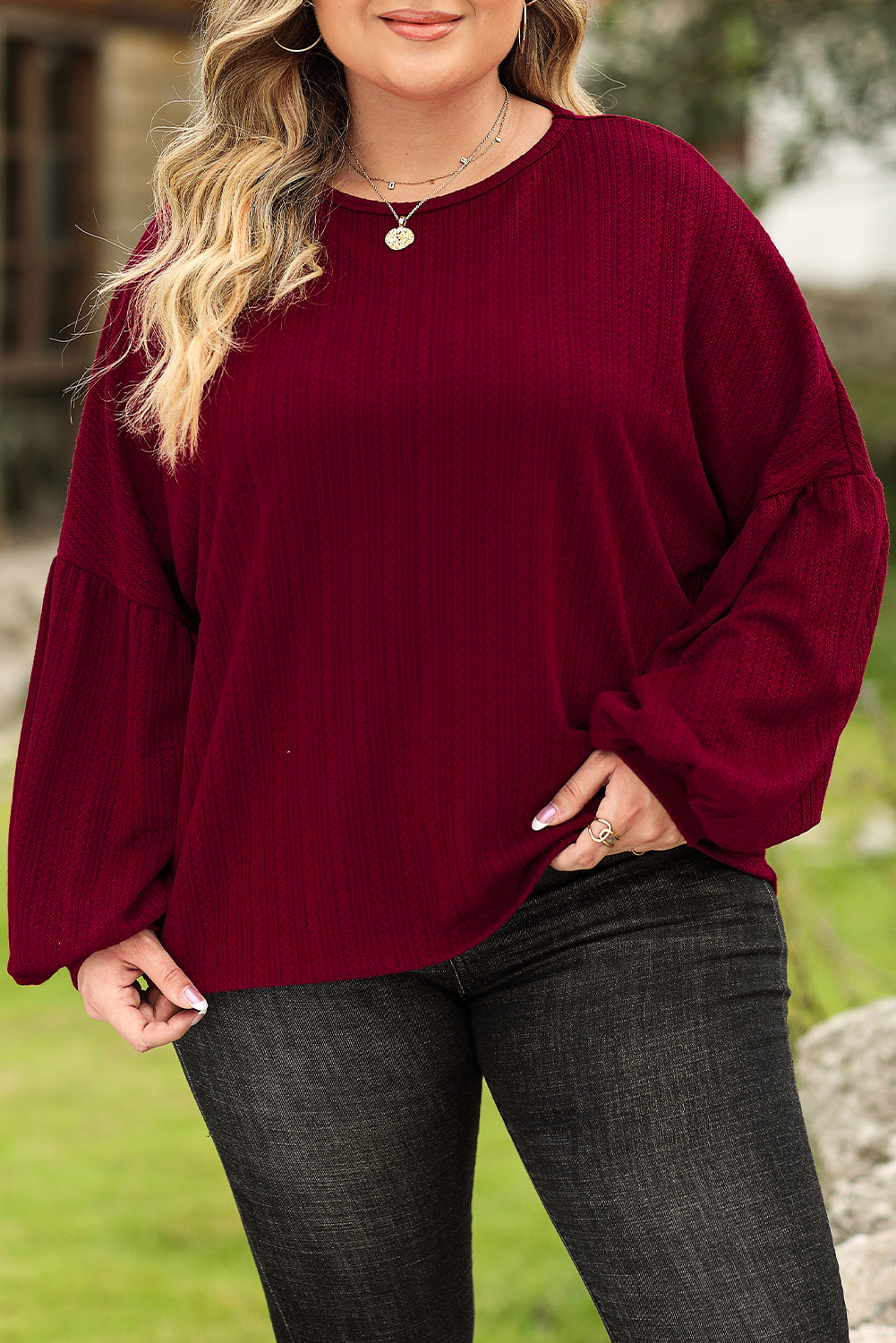 Plus Size Balloon Sleeve Textured Knit Top