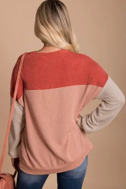 Color Block Long Sleeve Ribbed Top