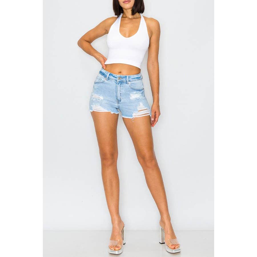 Mid Rise Destructed Denim Shorts