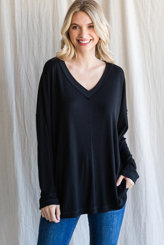 Solid Ribbed V-Neck Top - Olive