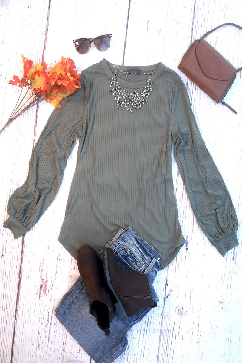 Ribbed Puff Sleeve Top - Olive