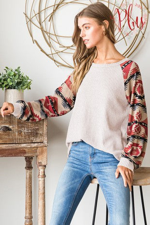 Plus Puff Sleeve Waffle & Aztec Top