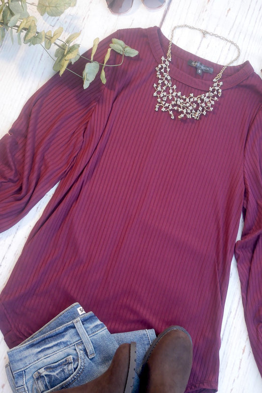 Ribbed Puff Sleeve Top - Burgundy