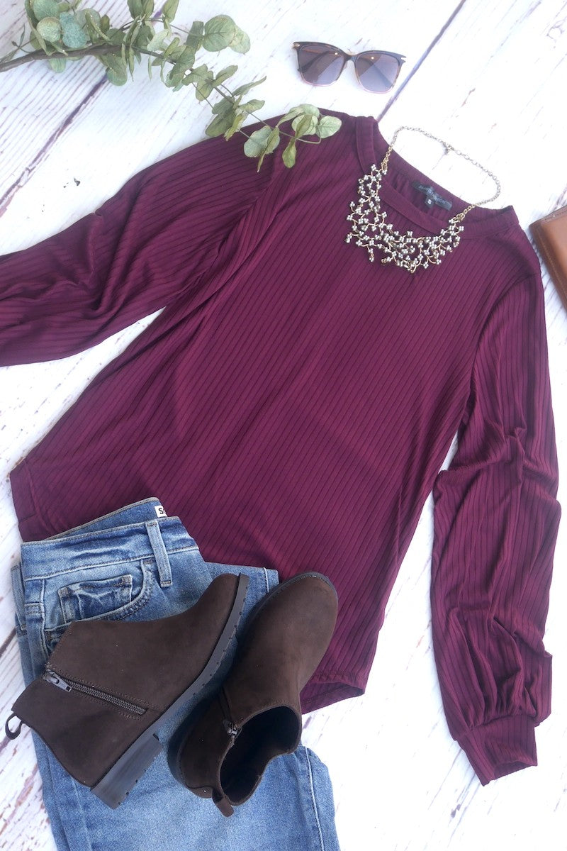 Ribbed Puff Sleeve Top - Burgundy