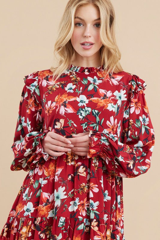 Floral Print Ruffled Cap Shoulder Dress