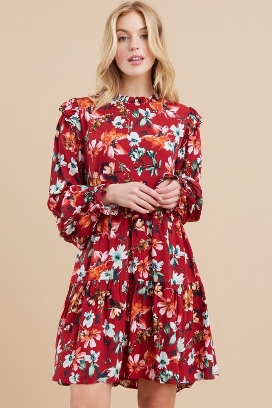 Floral Print Ruffled Cap Shoulder Dress