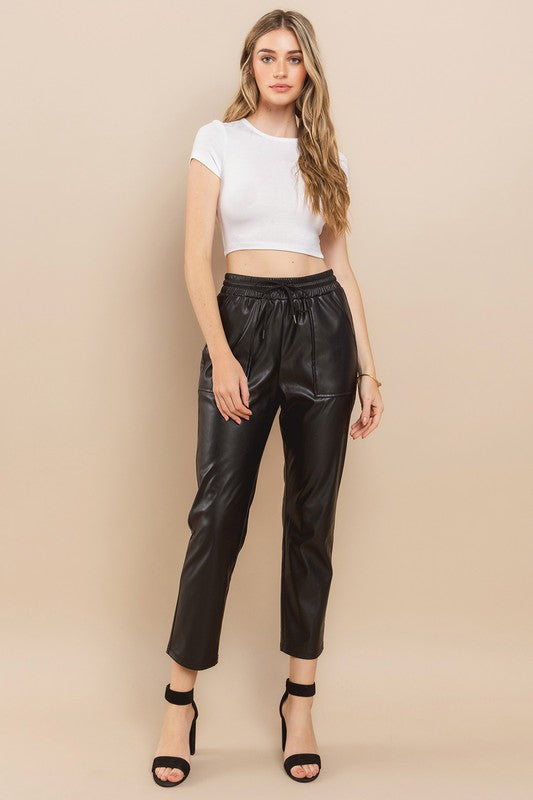 Faux Leather Drawstring Jogger Pants