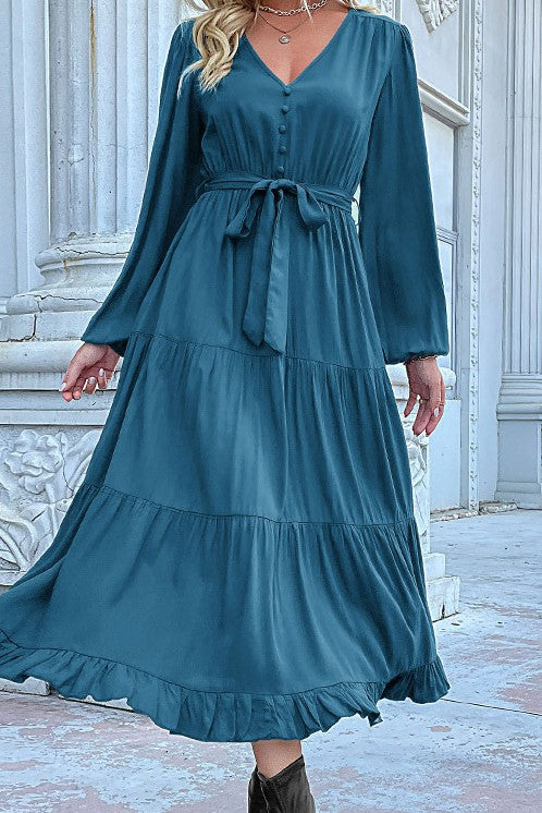 Belted Long Sleeve Maxi Dress