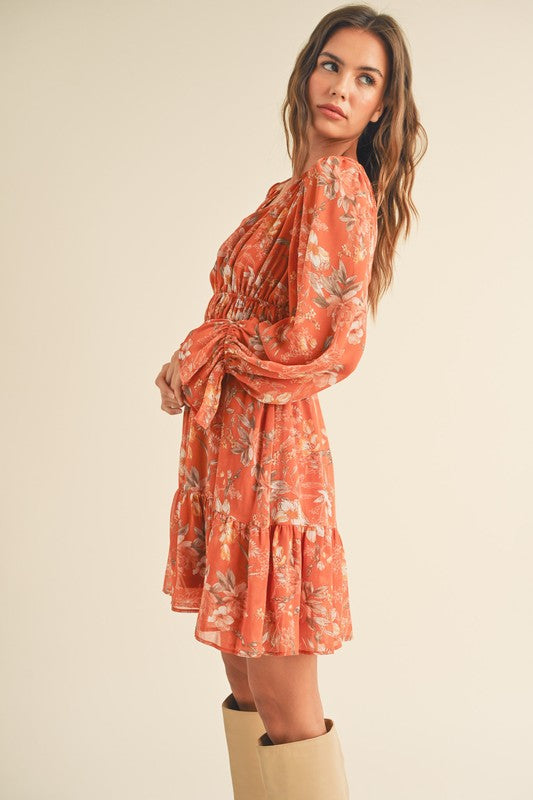 LONG PUFF SLEEVE TIERED MINI DRESS