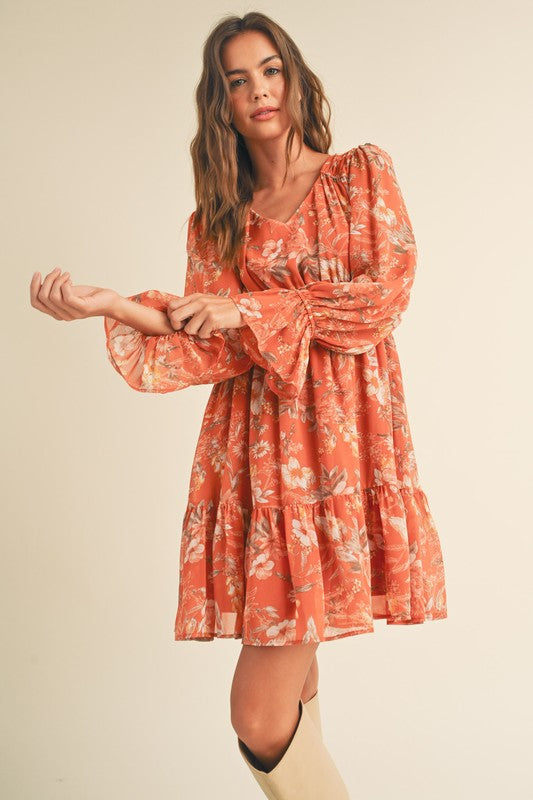 LONG PUFF SLEEVE TIERED MINI DRESS