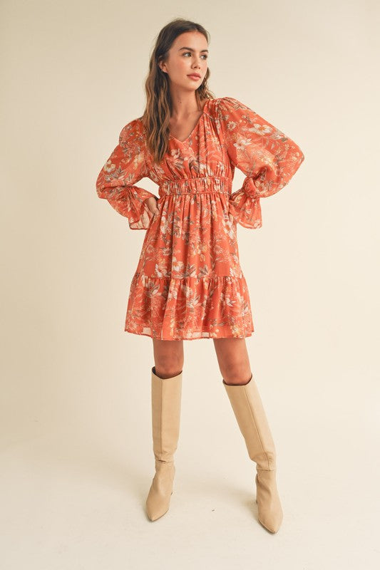 LONG PUFF SLEEVE TIERED MINI DRESS