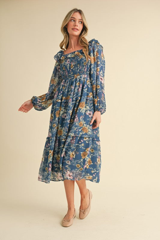 FLORAL SMOCKED TIERED RUFFLE MIDI DRESS