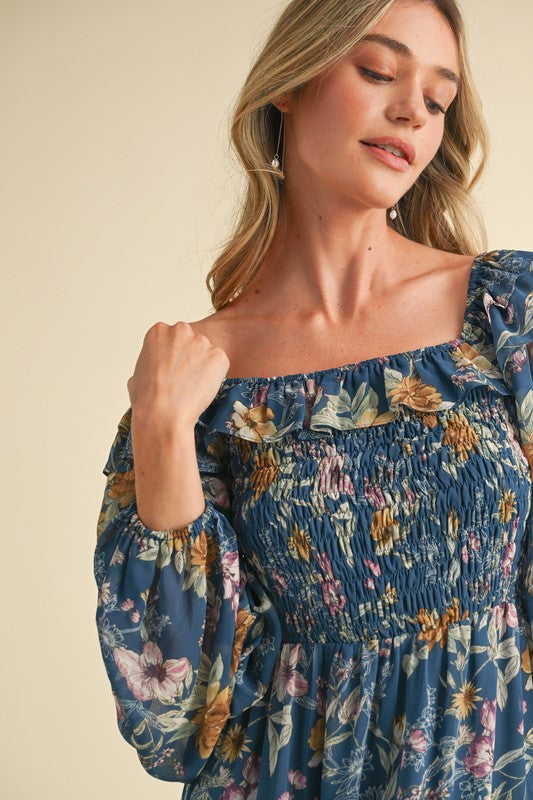 FLORAL SMOCKED TIERED RUFFLE MIDI DRESS