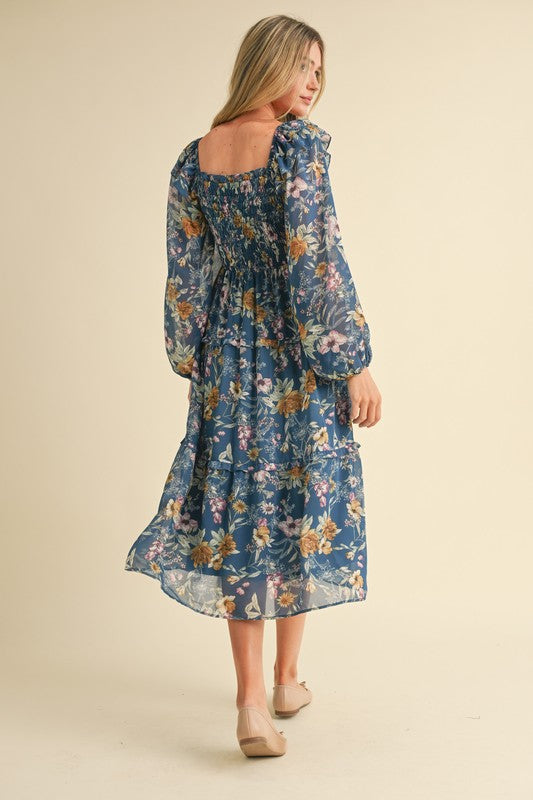 FLORAL SMOCKED TIERED RUFFLE MIDI DRESS