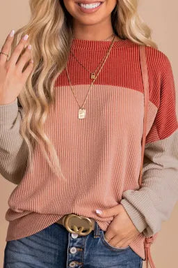 Color Block Long Sleeve Ribbed Top
