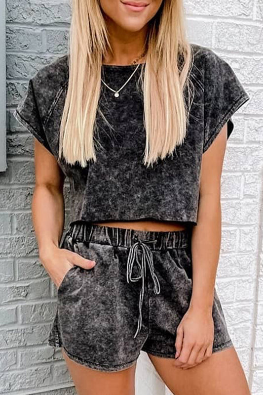 Acid Washed Cropped Top/Short Lounge Set