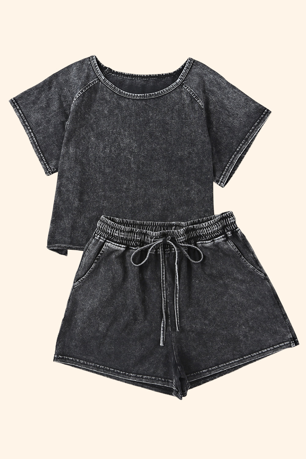 Acid Washed Cropped Top/Short Lounge Set