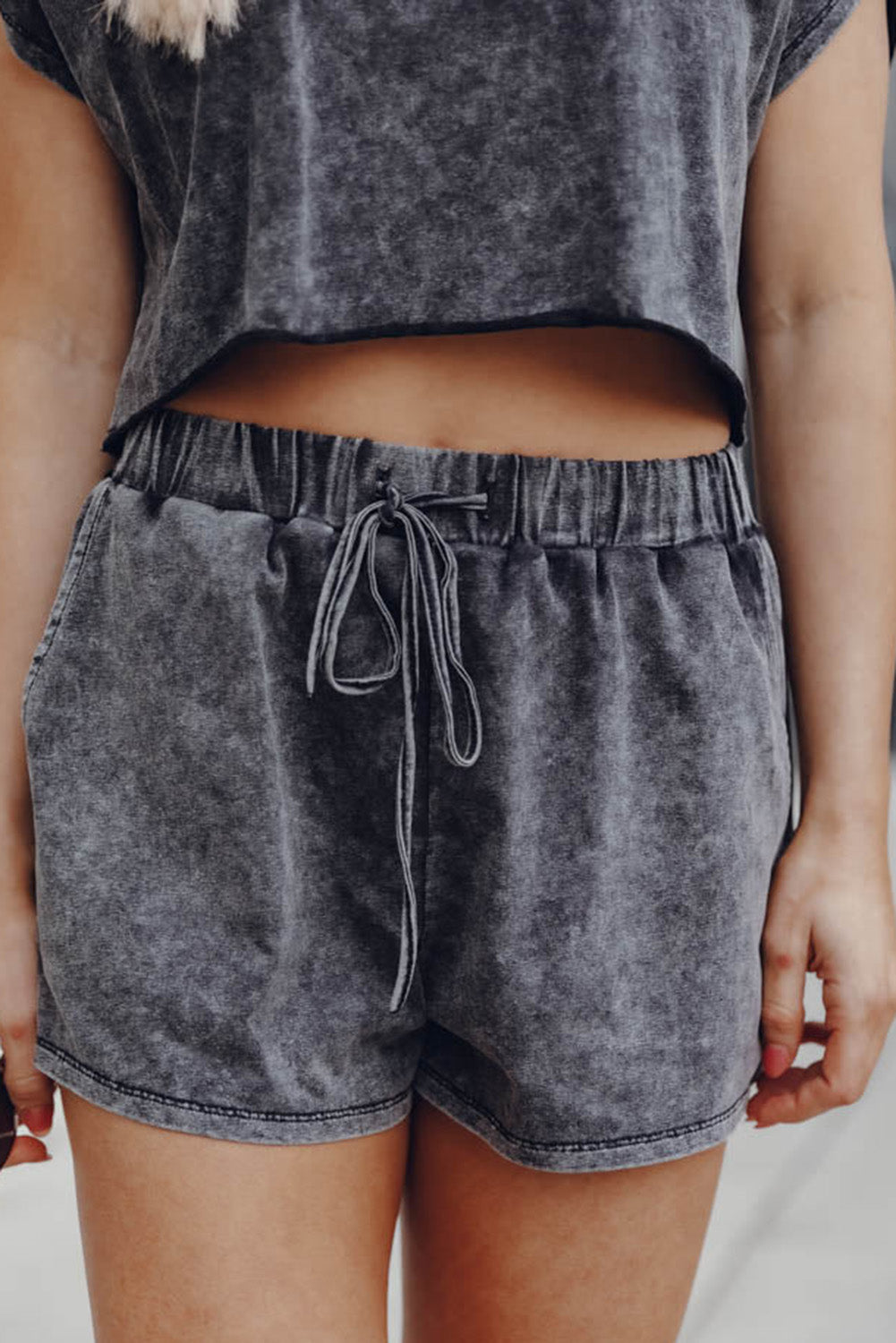 Acid Washed Cropped Top/Short Lounge Set