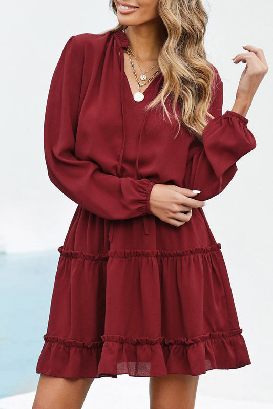 V Neck Long Sleeve Ruffle Tiered Dress