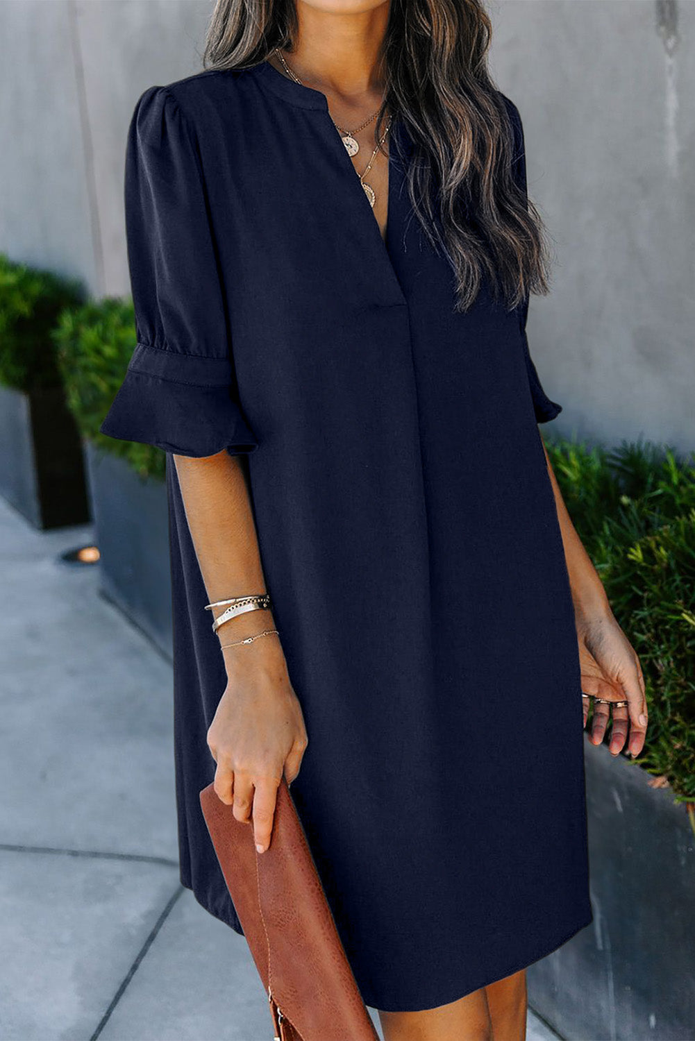 Navy Ruffled Sleeve Shift Dress