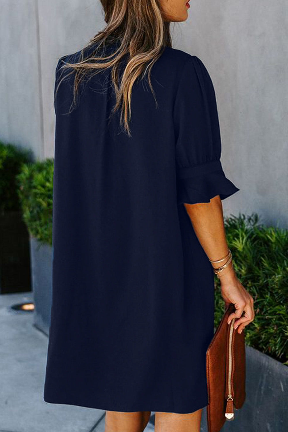 Navy Ruffled Sleeve Shift Dress