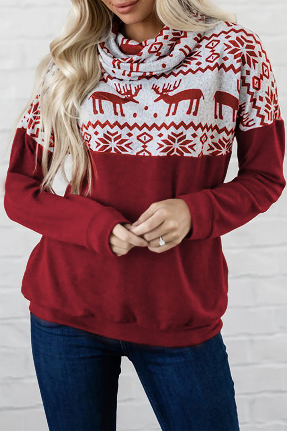 Christmas Elk Print Cowl Neck Knit Top